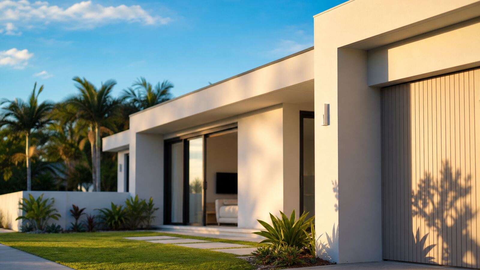 Crisp rendered exterior on a modern Gold Coast home — golden hour